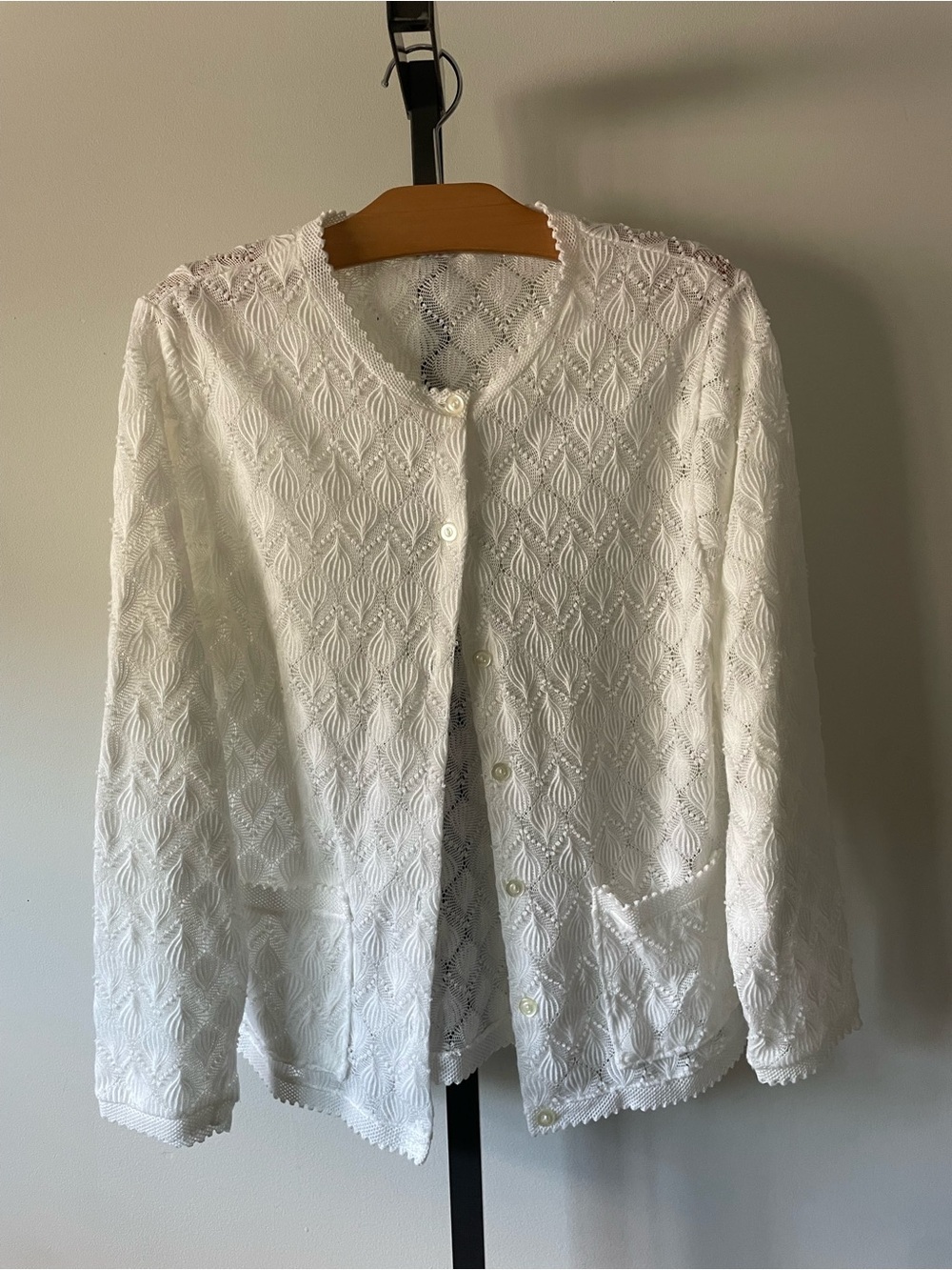 70s Vintage Eaton White Lace Pointelle Knit Cardigan Sweater XL